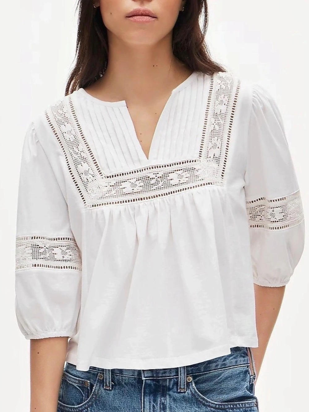 J. Crew Lace-trim puff-sleeve shirt in broken-in jersey Sz M